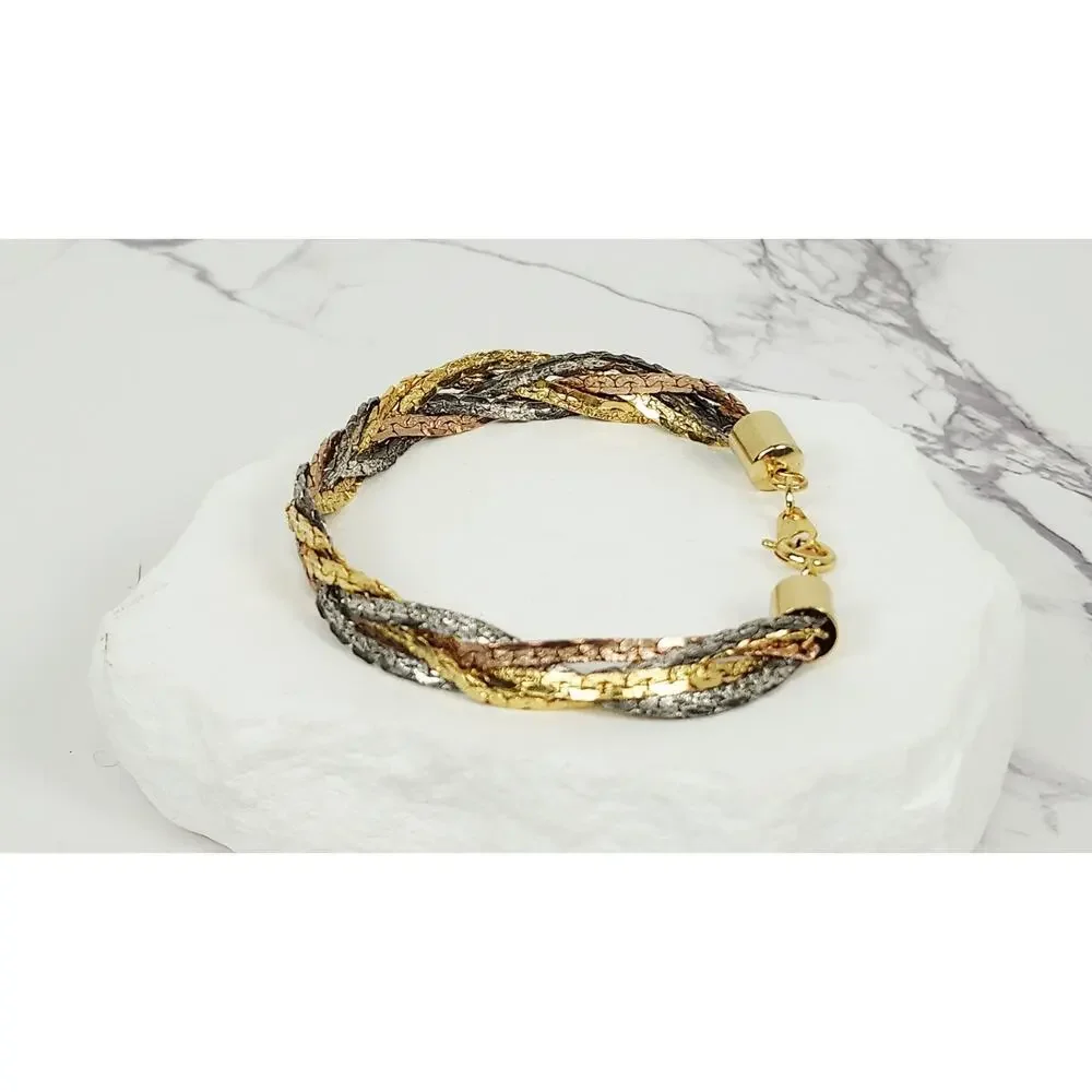 Vintage Tri-Color Braided Herringbone Chain Bracelet Gold Silver Rose 7.5